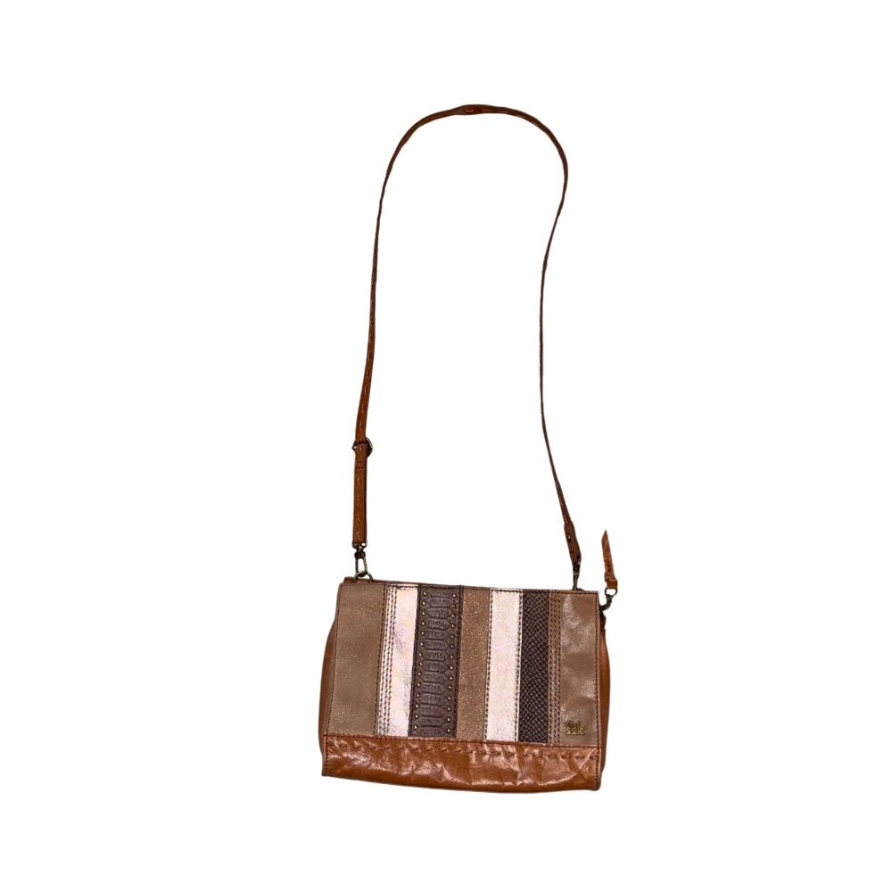 The Sak Patchwork Leather Crossbody Bag Brown Metallic Mixed Texture Boho Purse